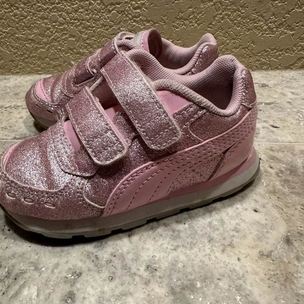 Kids PUMA Trainers Sneakers Pink Glitter‎ - Size 6C Hook And Loop Fastener